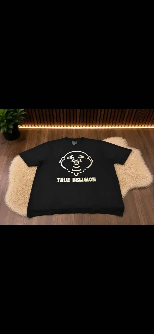 True Religion Men's Black Buddha Face Puff Print Crew Neck T-Shirt
